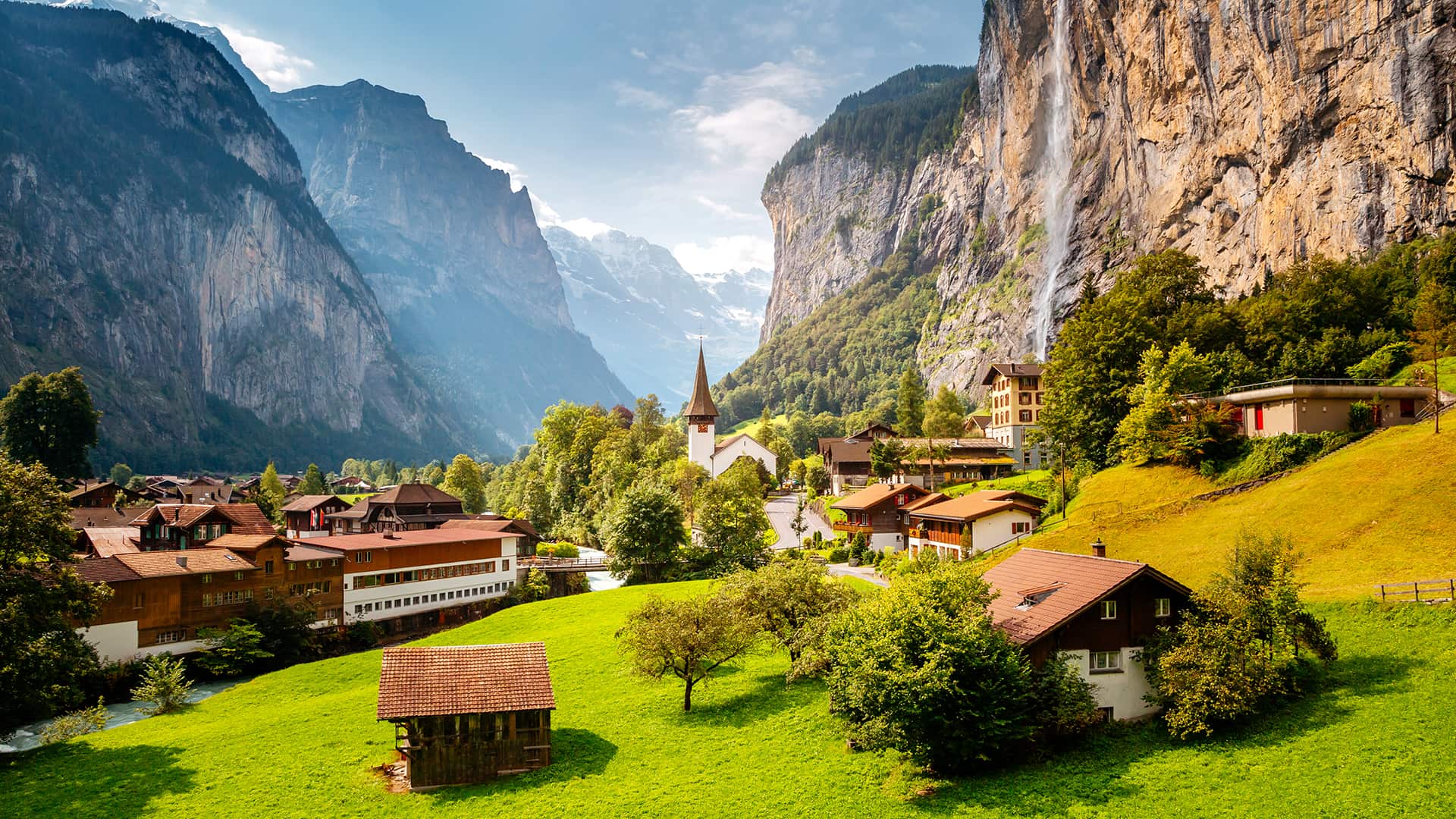 Lauterbrunnen valley with waterfall and church