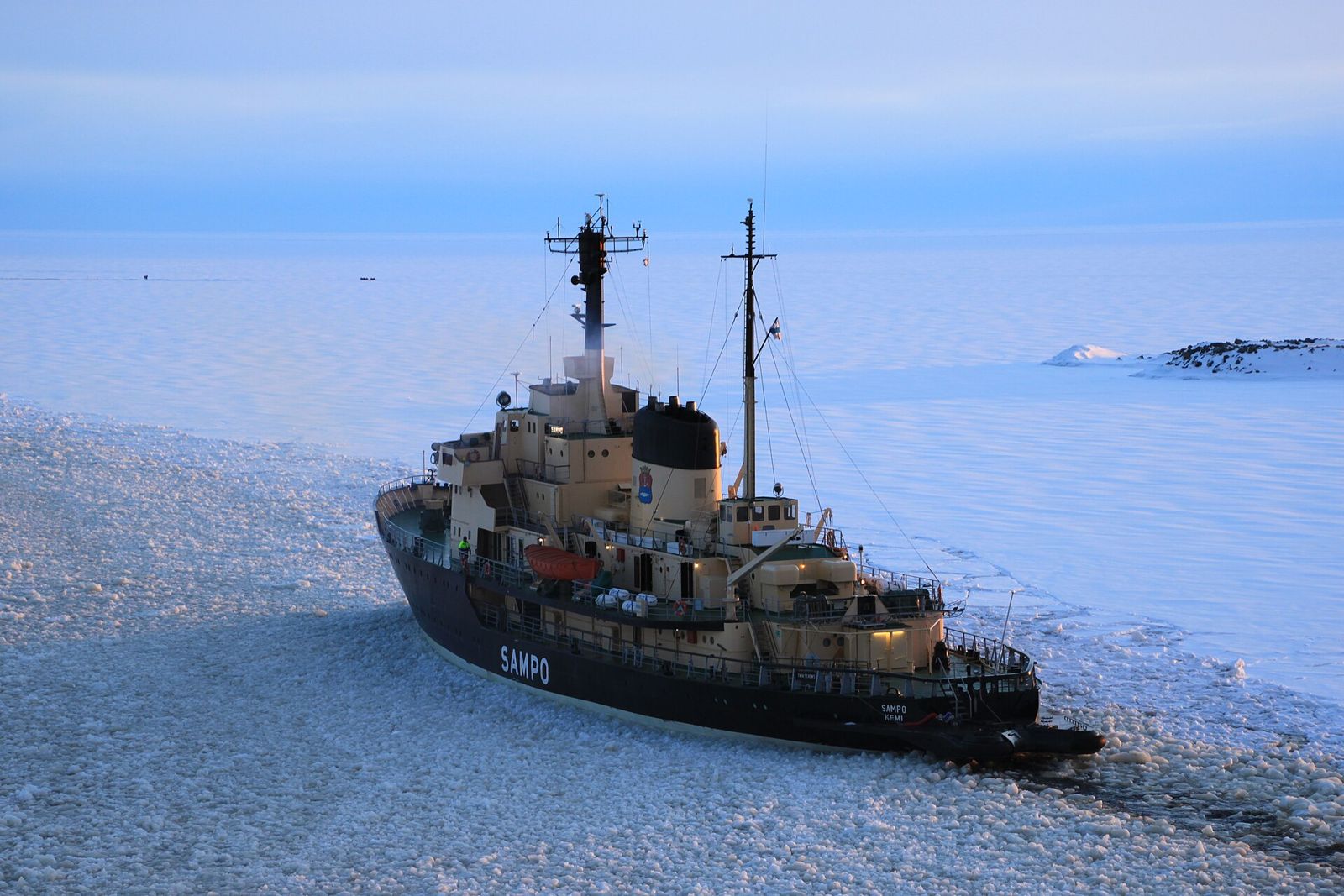 Icebreaker Sampo sailing through the frozen sea near Kemi