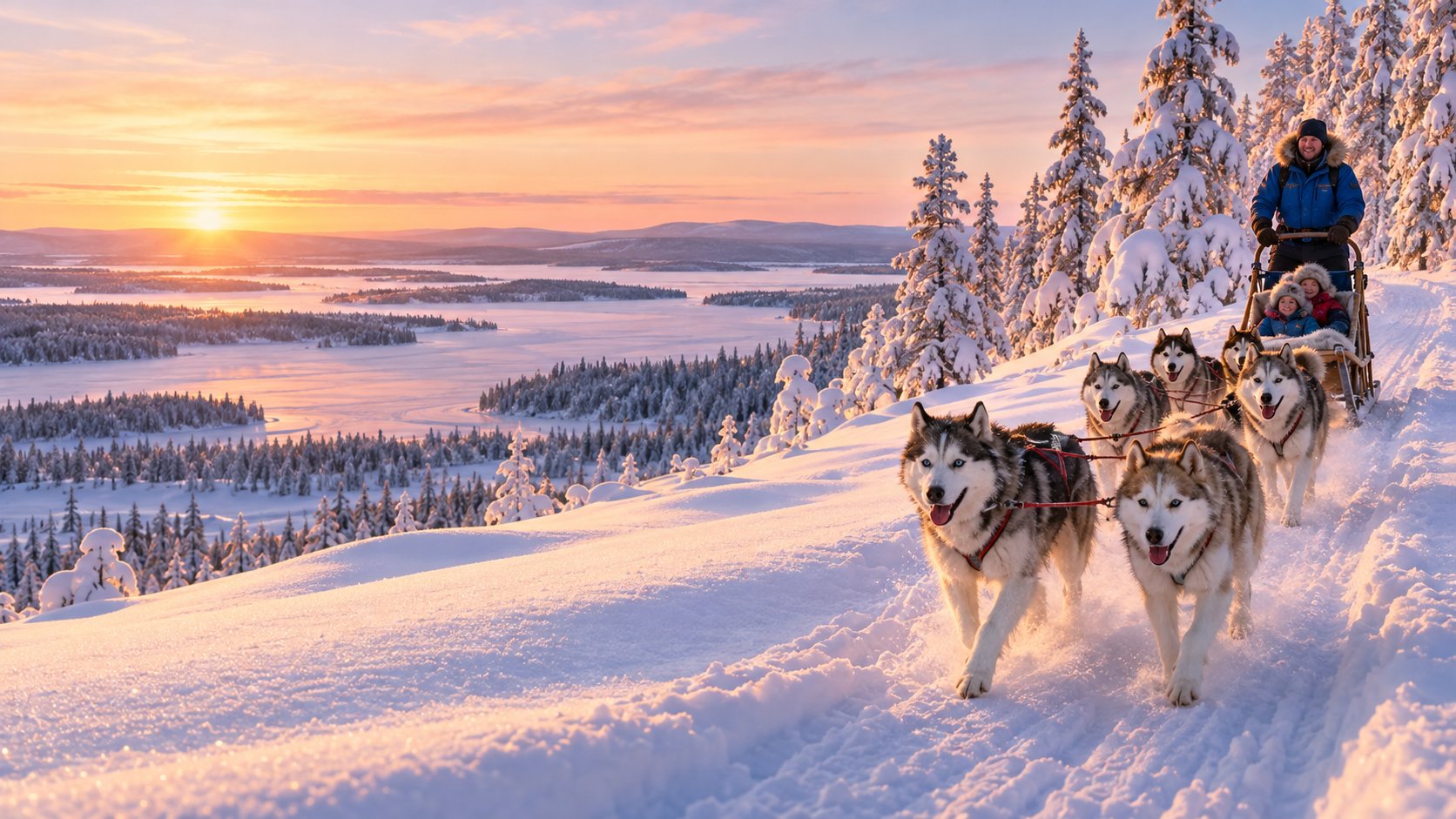 Husky sled team running through deep snow at sunset in Finnish Lapland