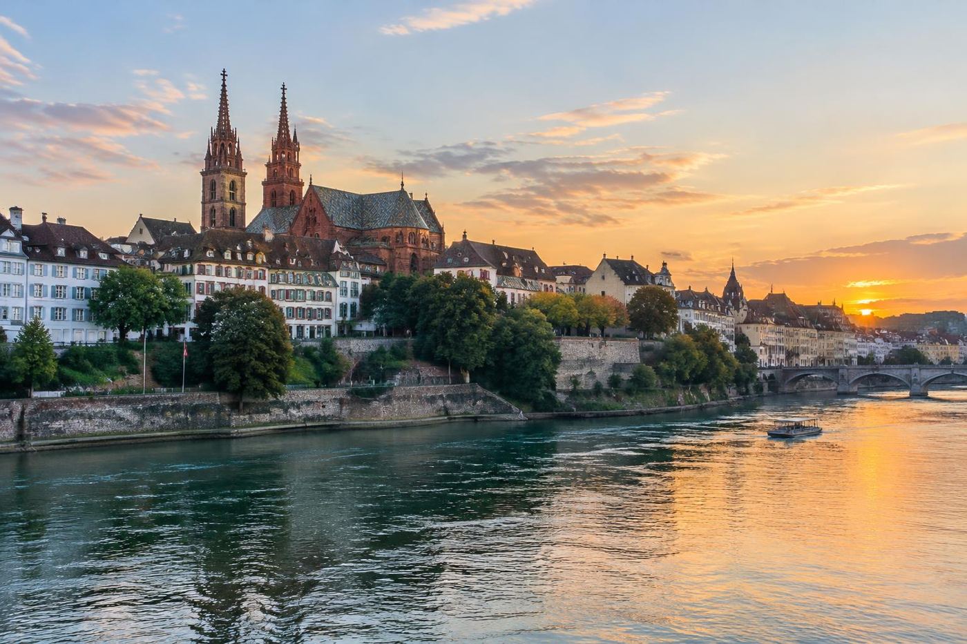 Basel Minster above the Rhine at sunset