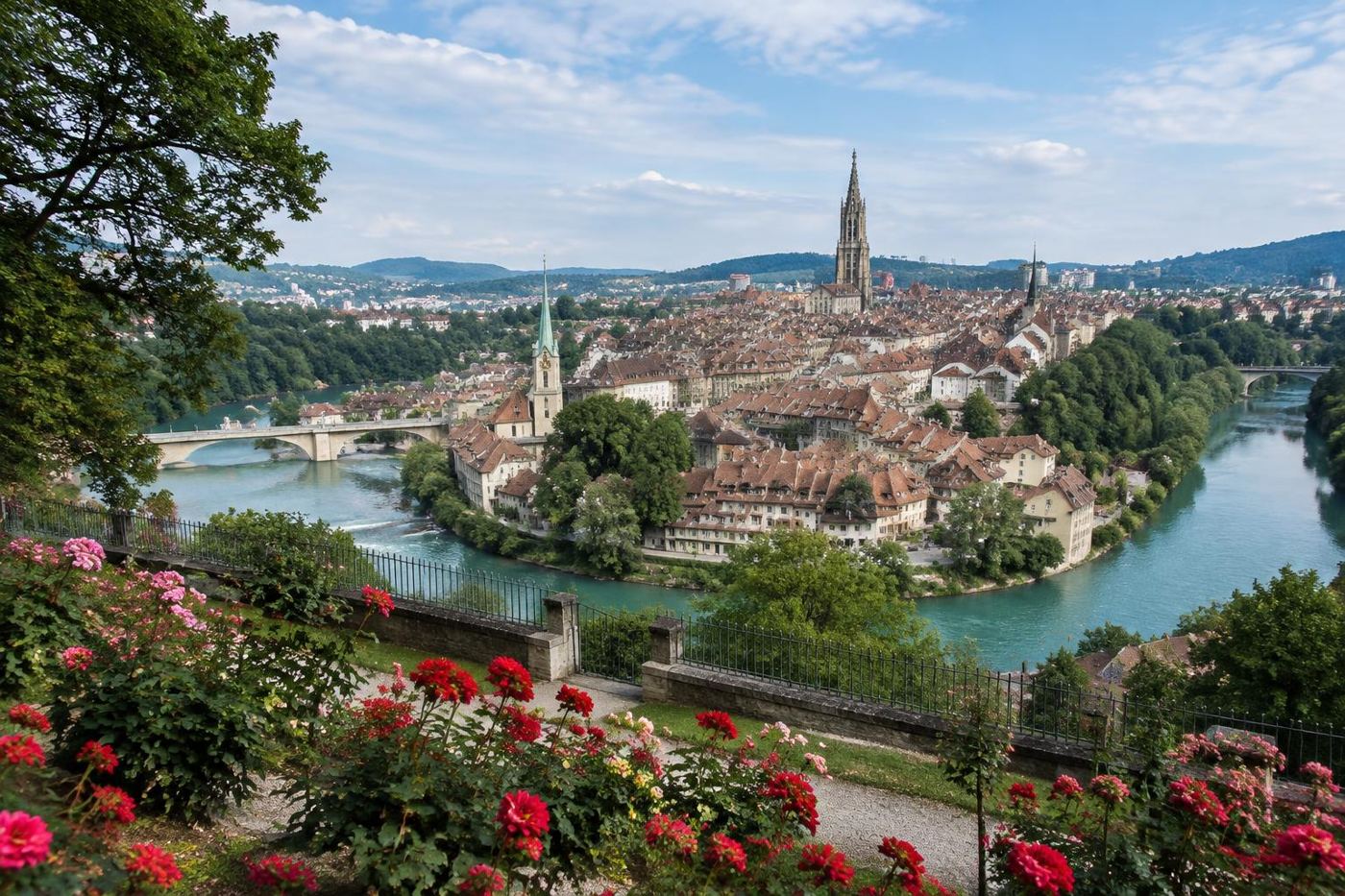 Bern old town and Aare river from the Rose Garden