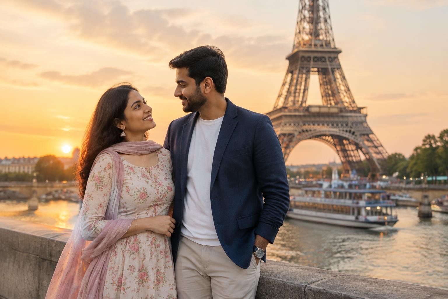 Indian couple in Paris with the Eiffel Tower