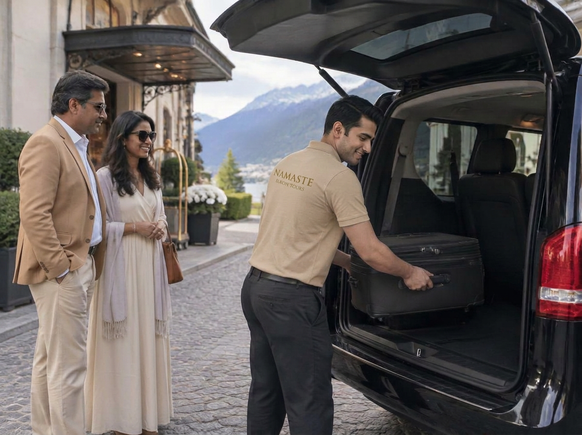 Driver loading guests’ luggage into a premium van outside a Swiss hotel