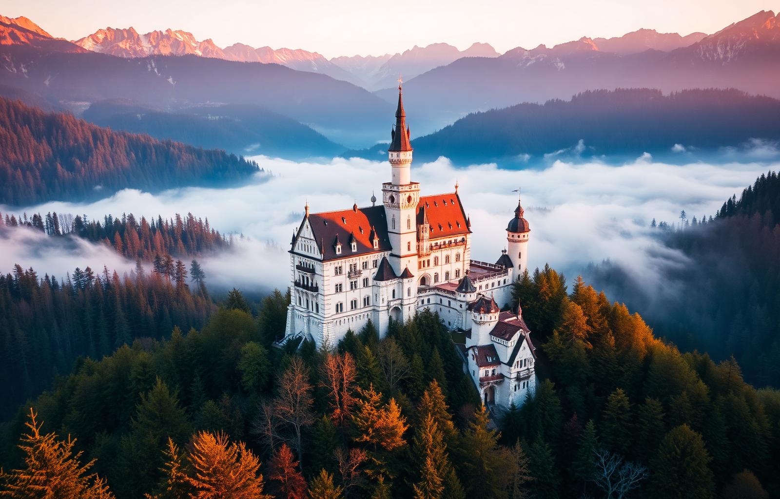 Bavarian castle in misty alpine forest at sunrise