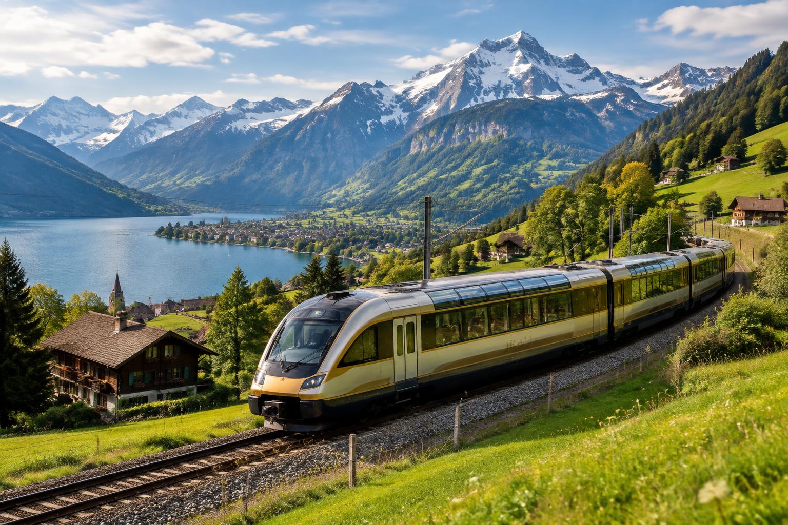 GoldenPass panoramic train travelling through Swiss Alpine countryside