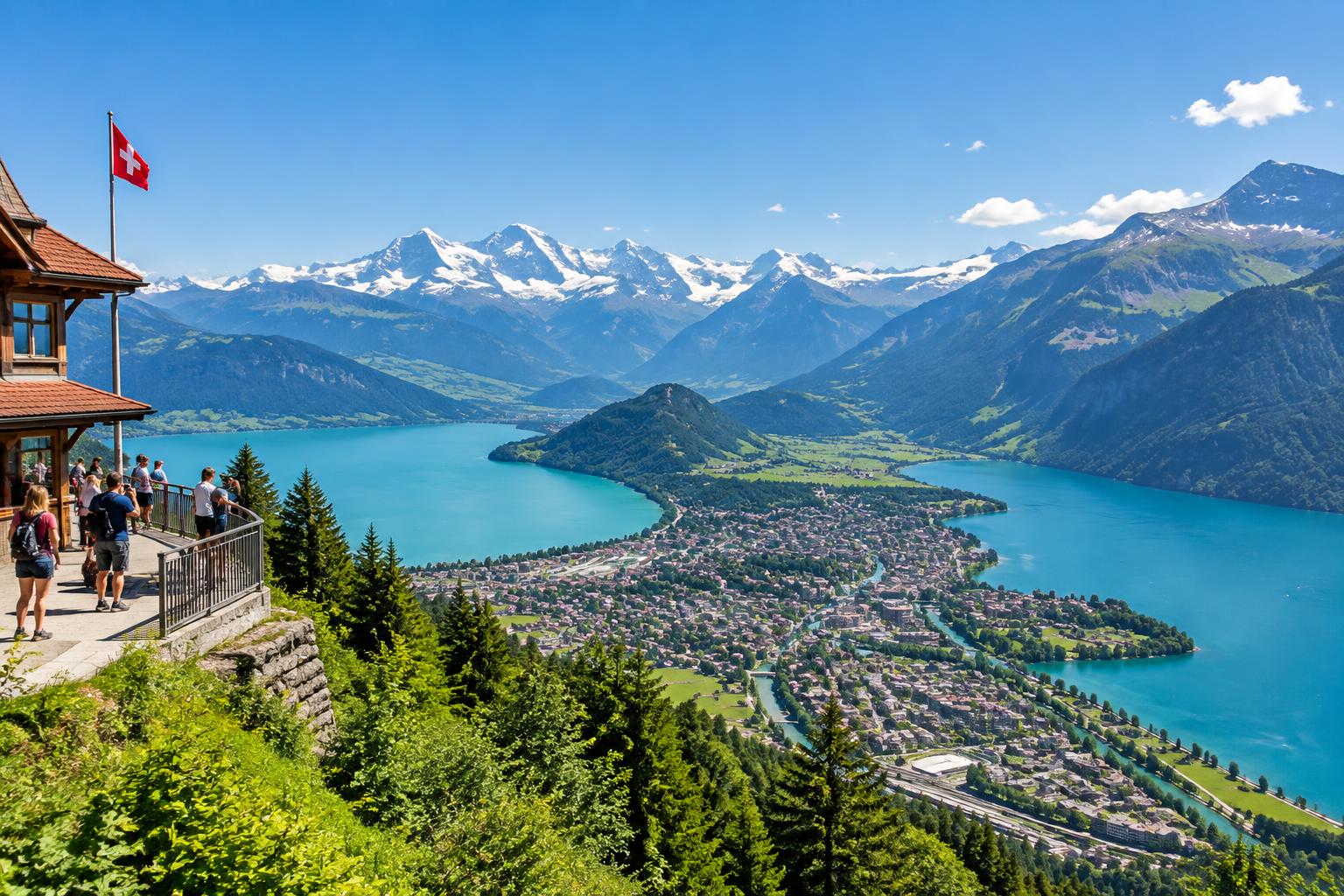 Harder Kulm panorama over Interlaken, Lake Thun and Lake Brienz