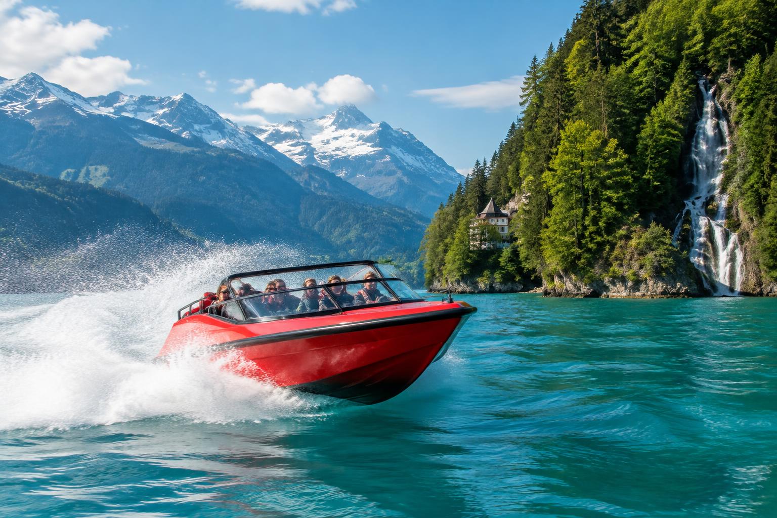Jetboat making an action turn on Lake Brienz near Interlaken