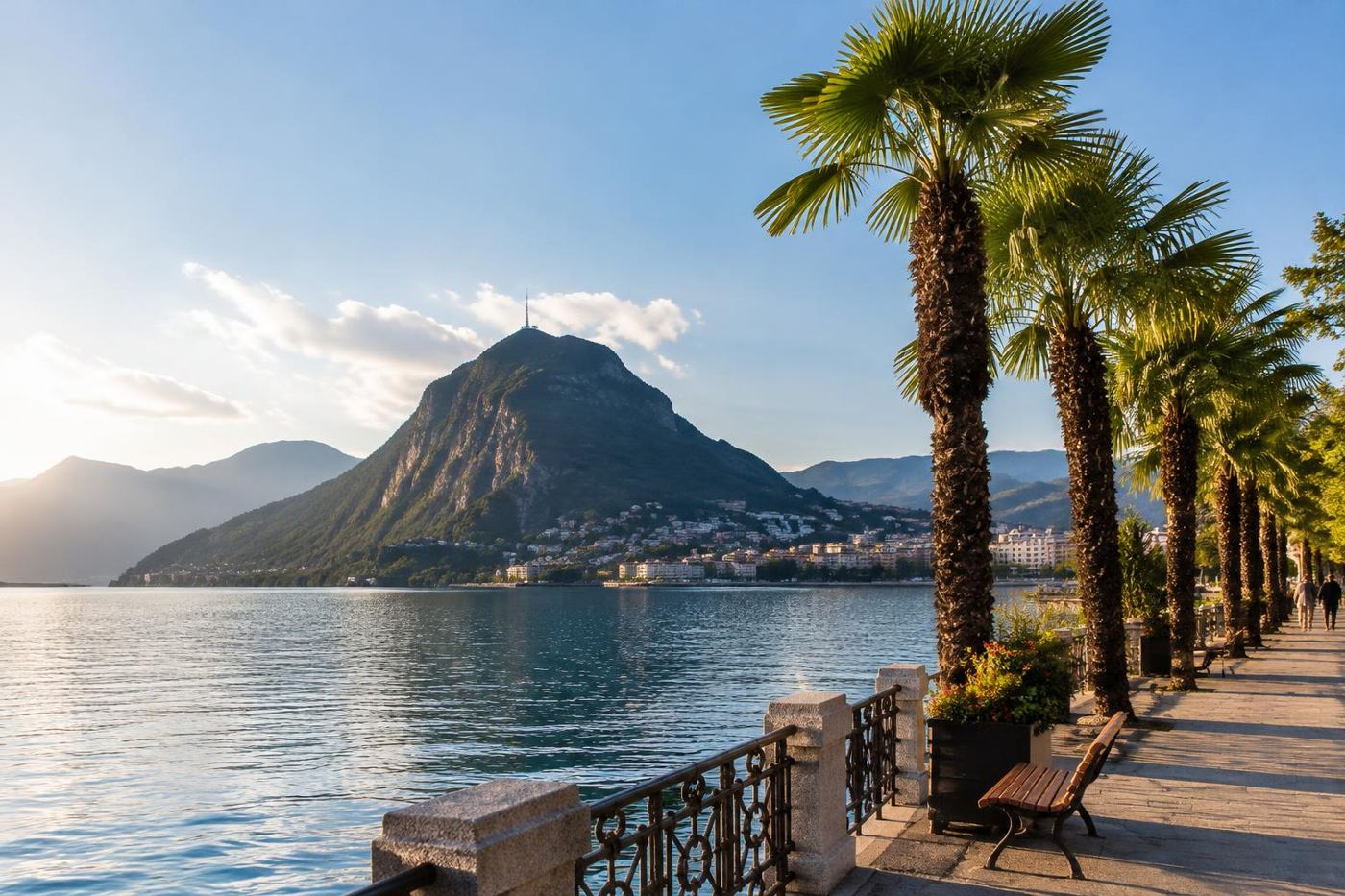 Lake Lugano promenade with Monte San Salvatore