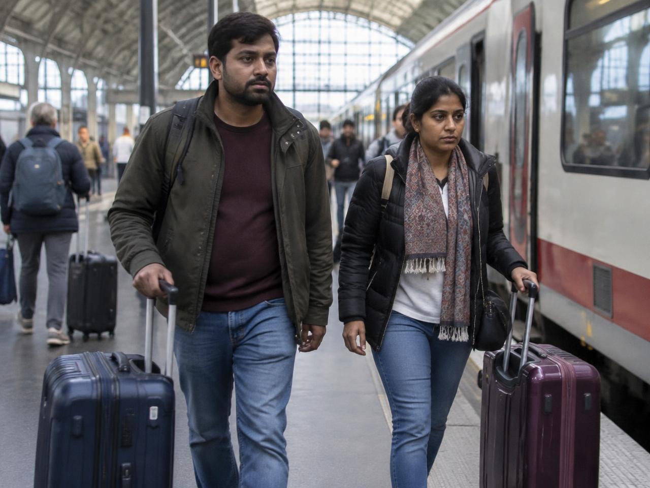 Couple with suitcases on a busy European train platform