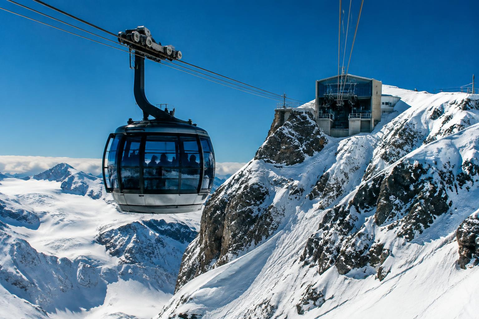 Cable car approaching the snowy summit of Mount Titlis