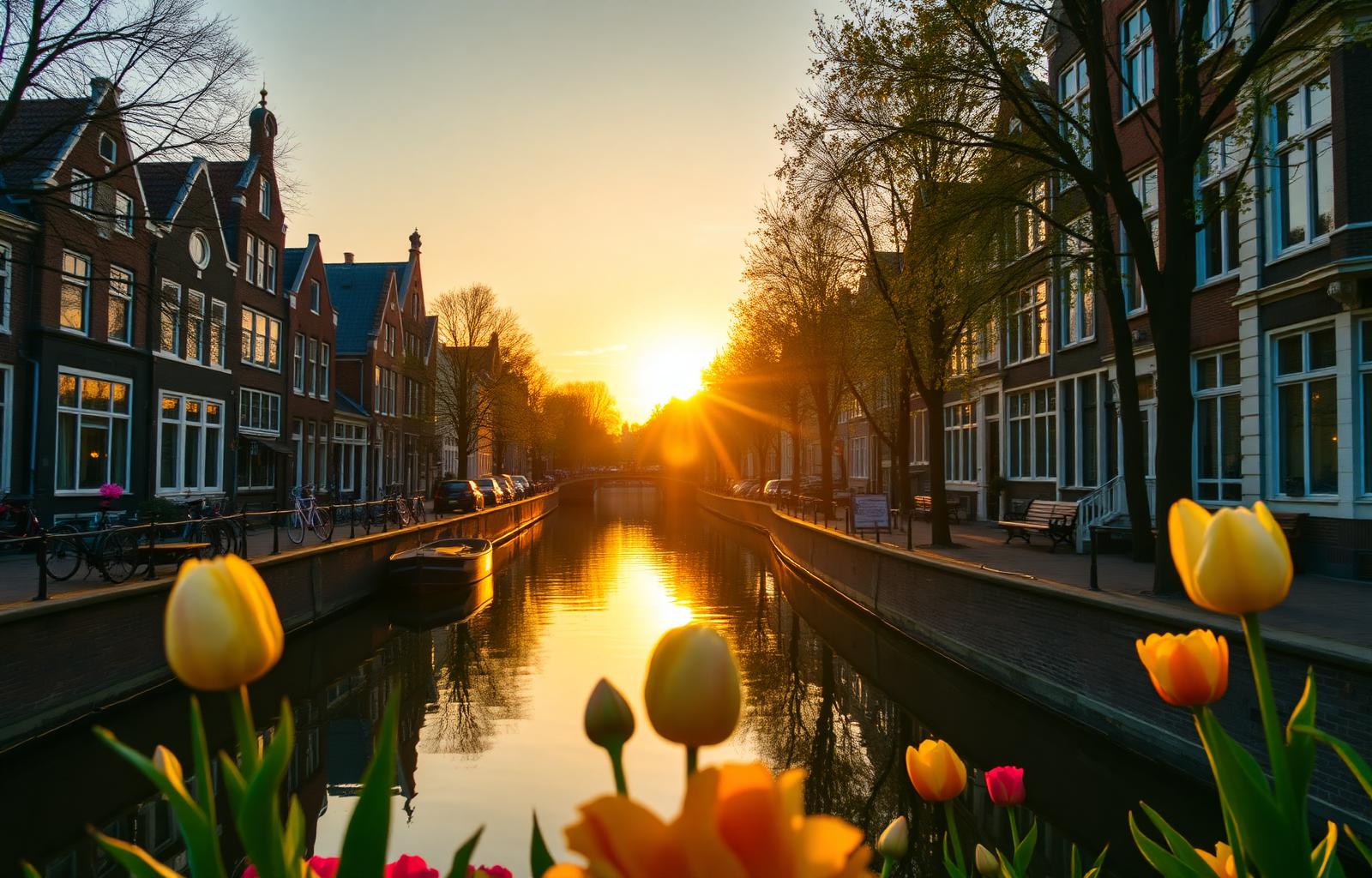 Amsterdam canal at golden sunset with tulips