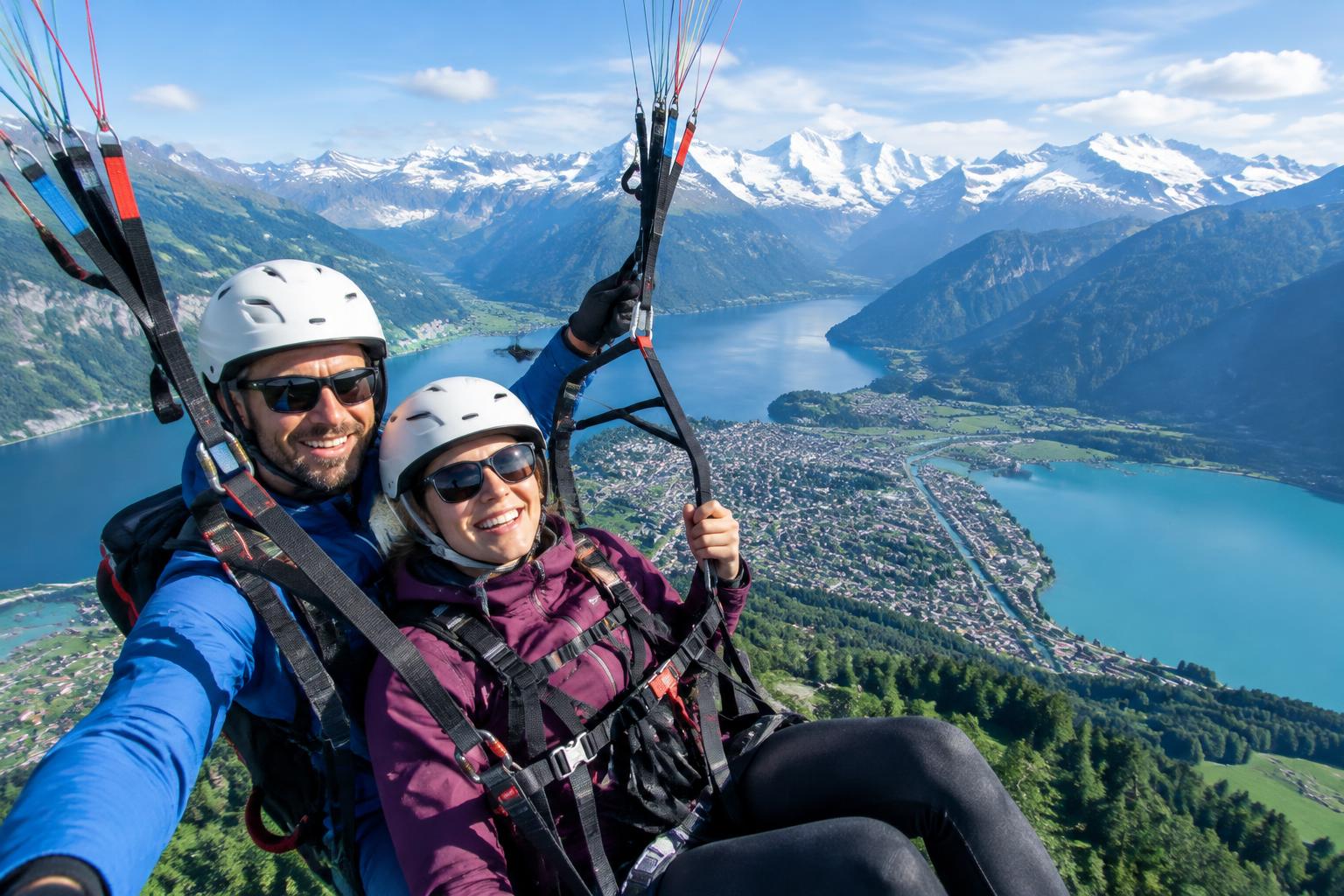 Tandem paragliding above Interlaken, Lake Thun and Lake Brienz