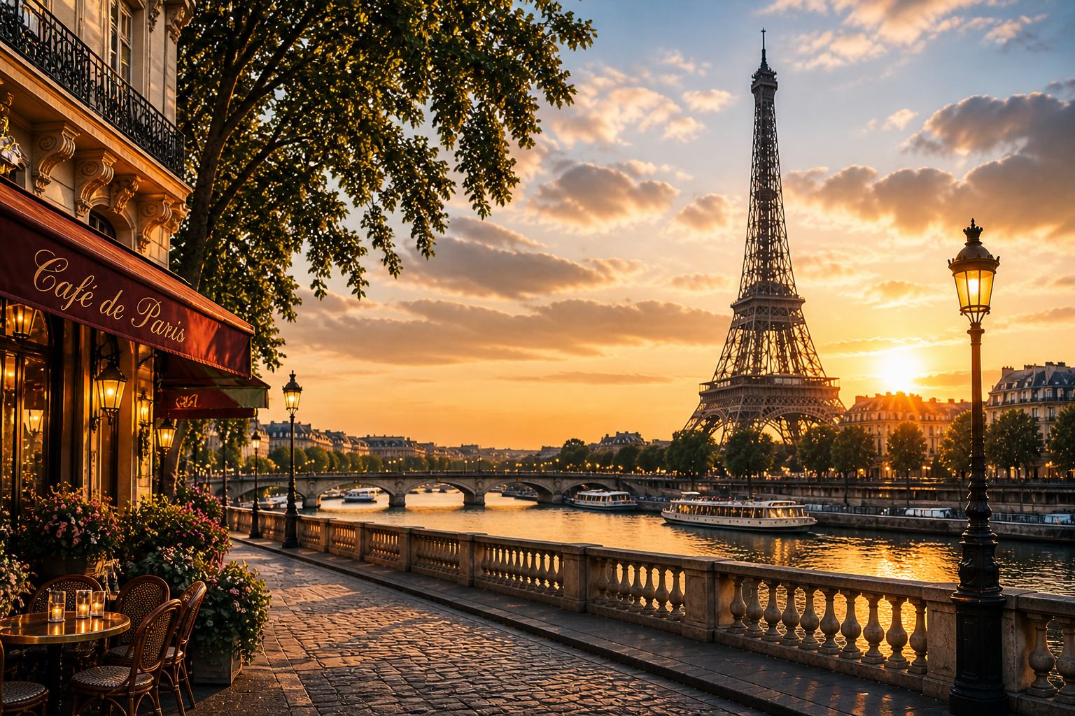 Eiffel Tower and the Seine in Paris at sunset