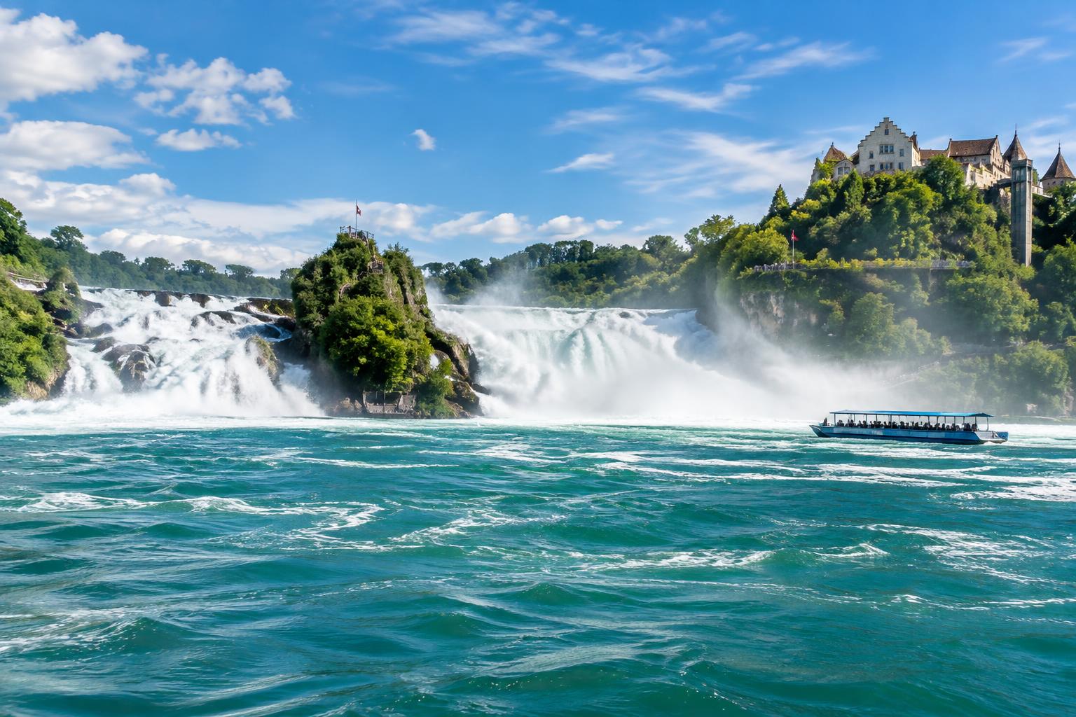 Rhine Falls in Switzerland with a sightseeing boat on the turquoise river