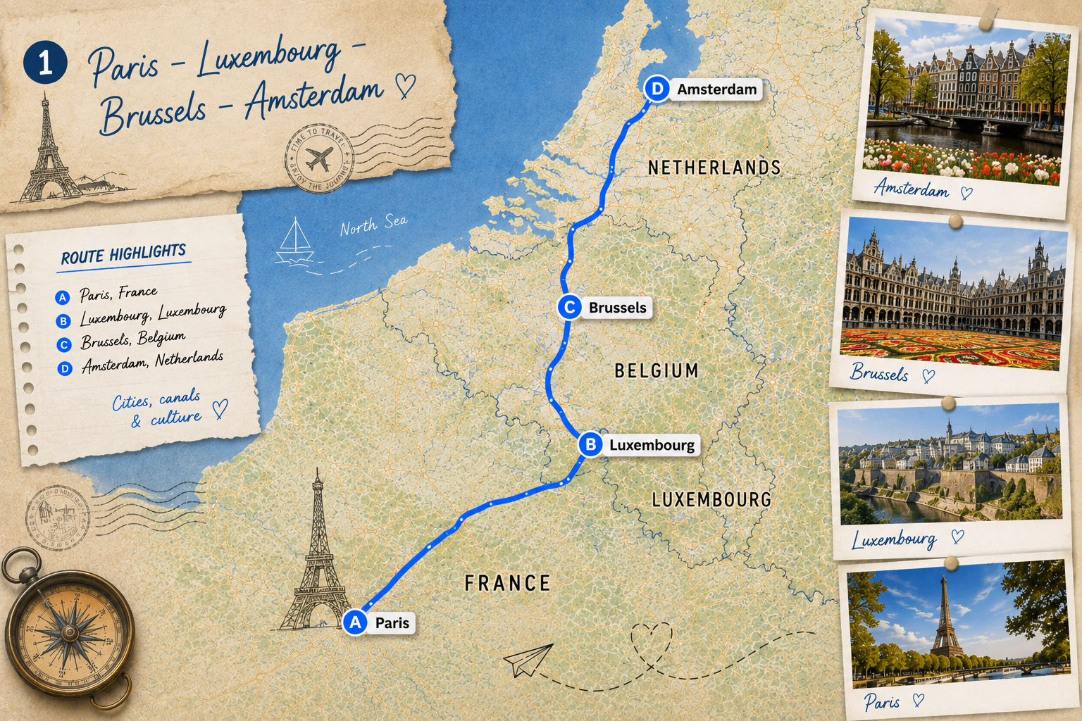 Hand-drawn map of the Paris to Amsterdam route through Luxembourg and Brussels