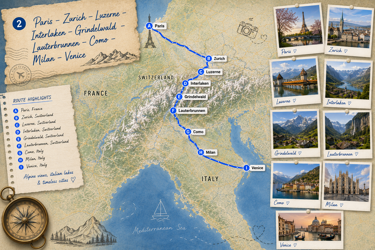 Hand-drawn map from Paris through Switzerland to Venice