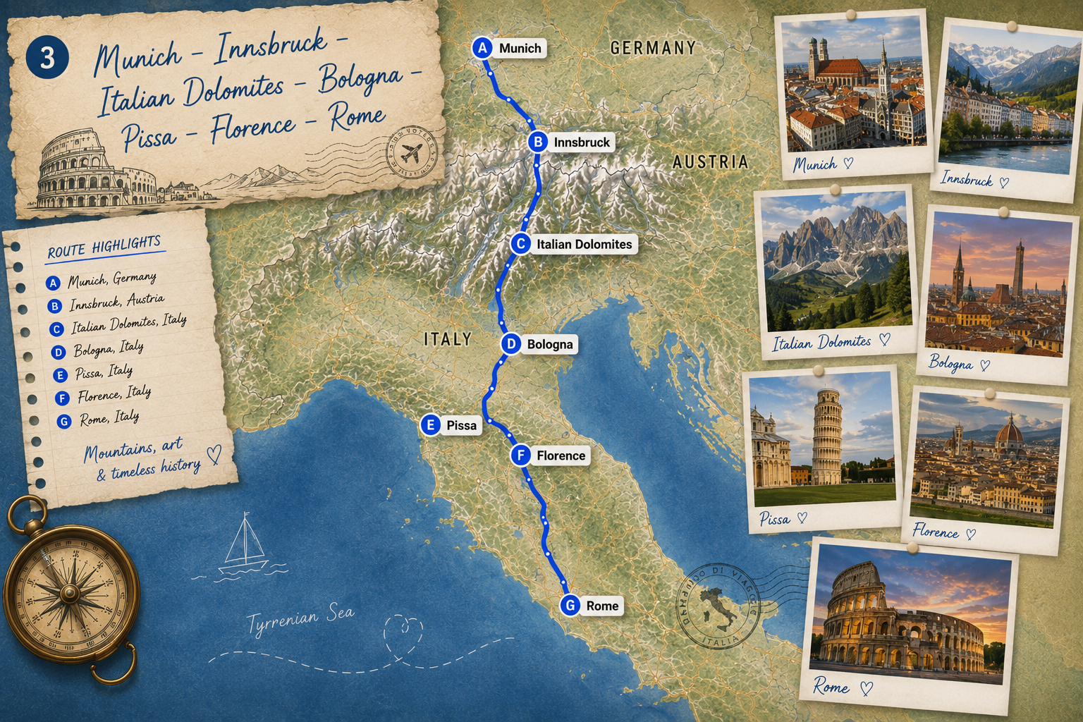 Hand-drawn map from Munich through the Dolomites to Rome