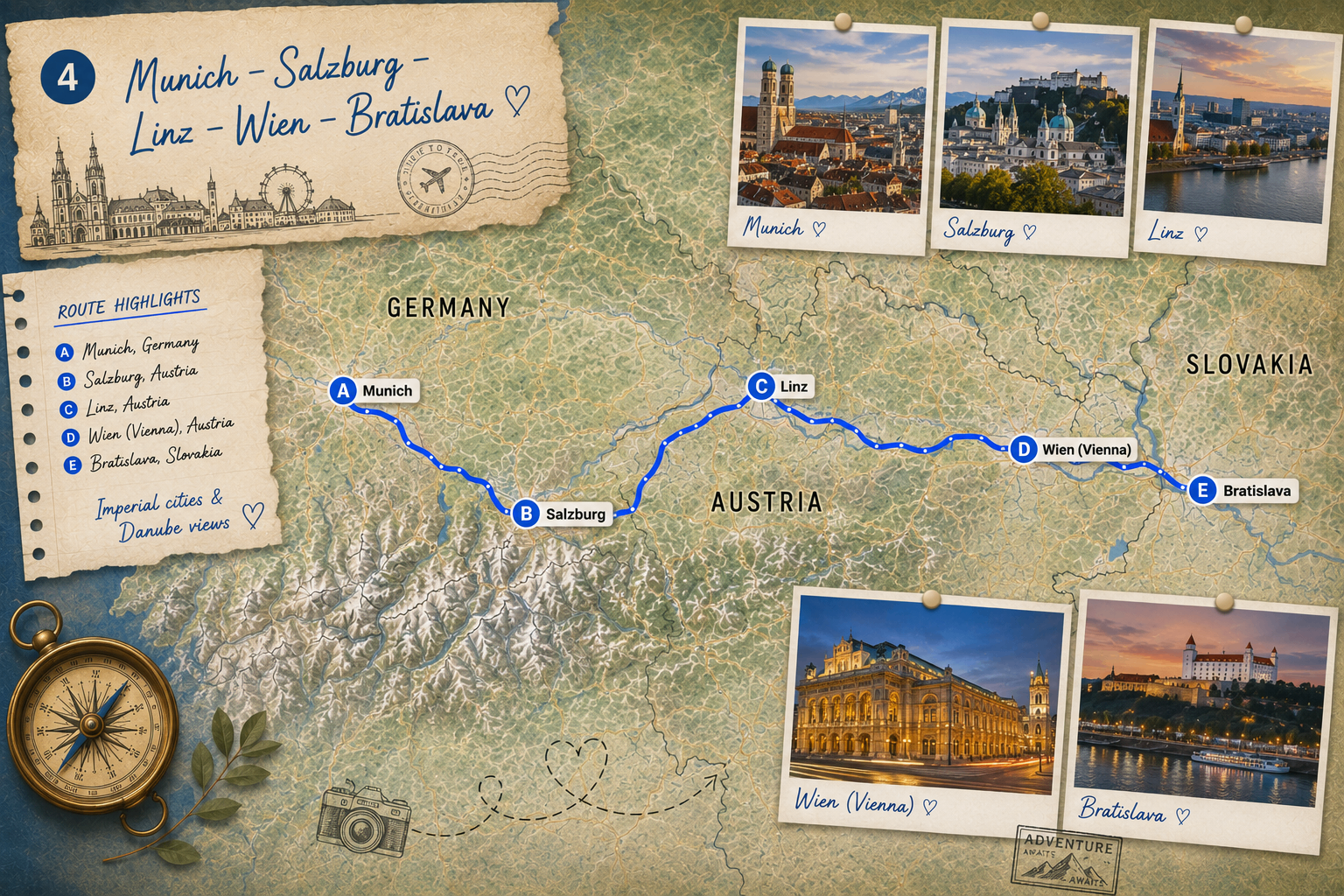 Hand-drawn map from Munich through Austria to Bratislava
