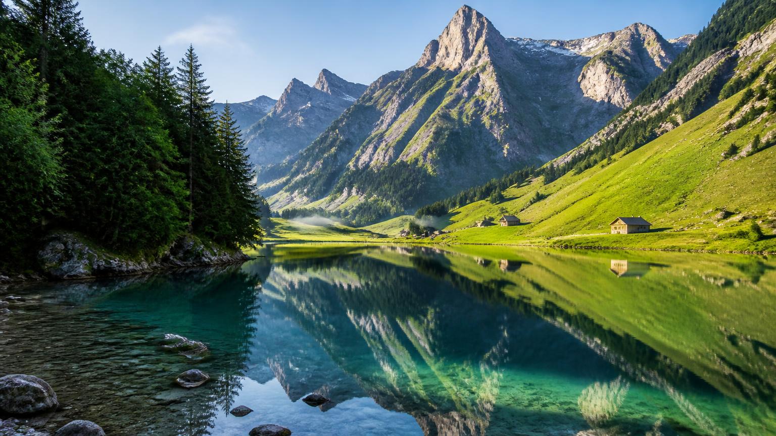 Emerald green Seealpsee alpine lake in Appenzell Switzerland with mountains reflected in the water