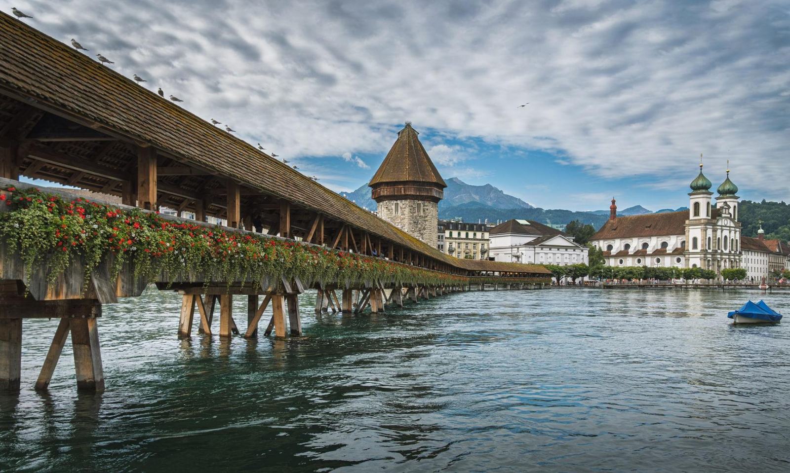 Chapel Bridge and the waterfront in Lucerne
