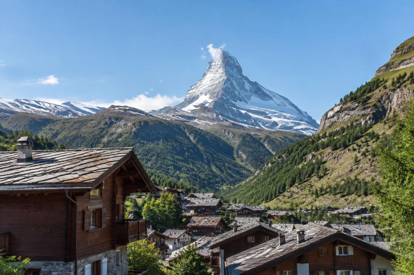 The Matterhorn above Zermatt's wooden chalets